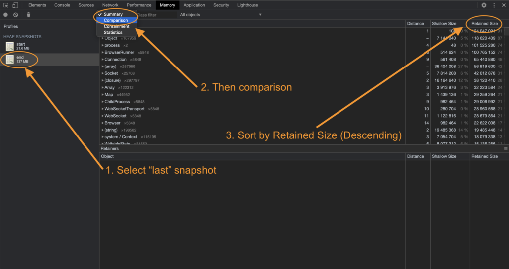 How to do comparison view: 1) Select "last" screenshot, 2) Then comparison, 3) Sort by retained size
